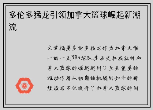 多伦多猛龙引领加拿大篮球崛起新潮流