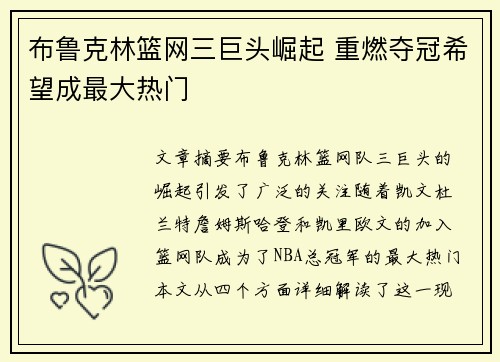 布鲁克林篮网三巨头崛起 重燃夺冠希望成最大热门